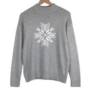 TALBOTS Snowflake Cotton Blend Sz M Gray Mock Neck Long Sleeve Cozy Soft Casual